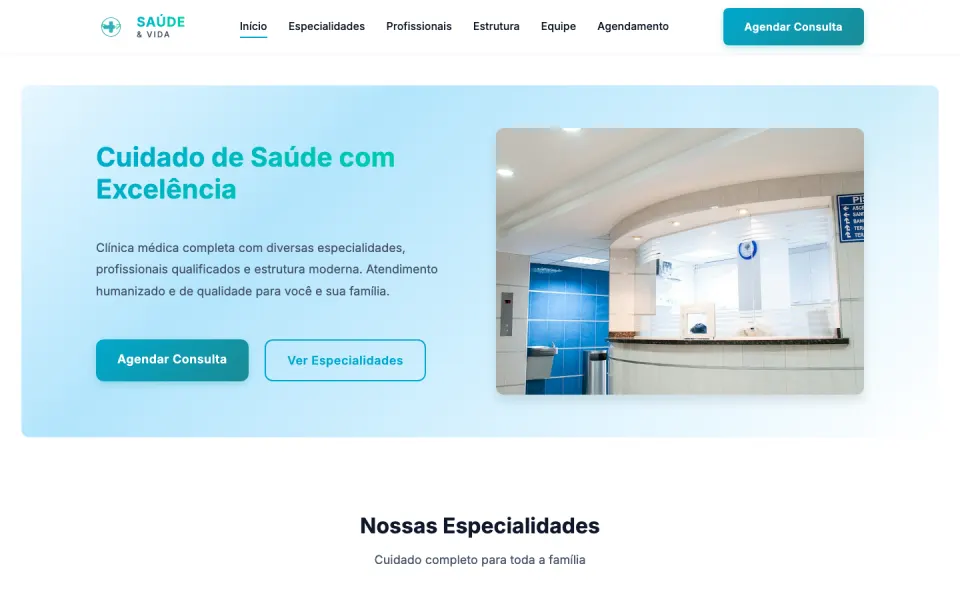 Primeira tela do modelo Clínica Multiespecialidades